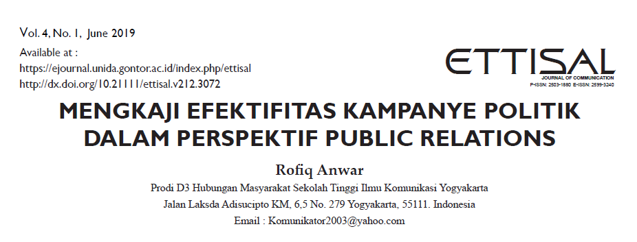 Publikasi: MENGKAJI EFEKTIFITAS KAMPANYE POLITIK DALAM PERSPEKTIF PUBLIC RELATIONS